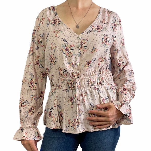 Maurices Tops - MAURICES Light Pink Floral Peplum Peasant Top M